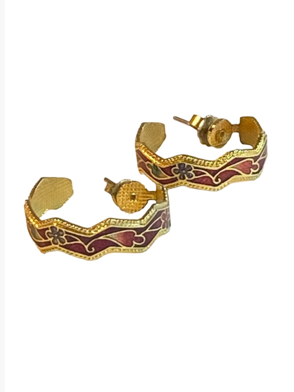 Vintage Red Floral Enamel Cloisonne Scalloped Half Hoop Pierced Earrings